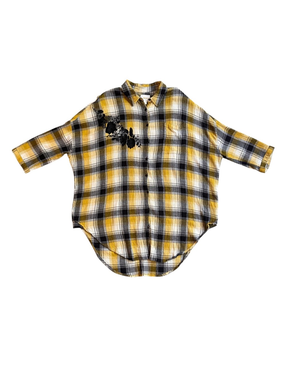 Maeve Anthropologie Yellow Black Plaid Embroidered Oversized Button Down Shirt